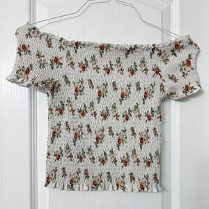 Orange kiss off the shoulder smocked crop top white and floral size L